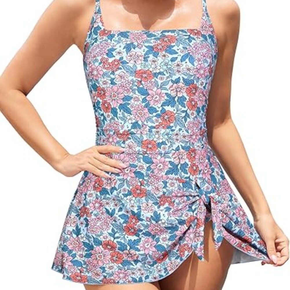 NWT SHEKINI One Piece Swimdress for Women Tummy Control Swimsuit Knot Tie